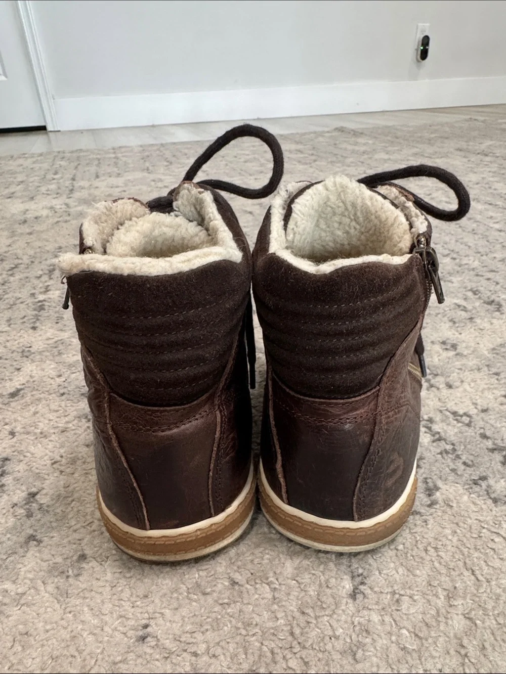 Men's Brown Leather High-Top Sneakers with Sherpa Collar